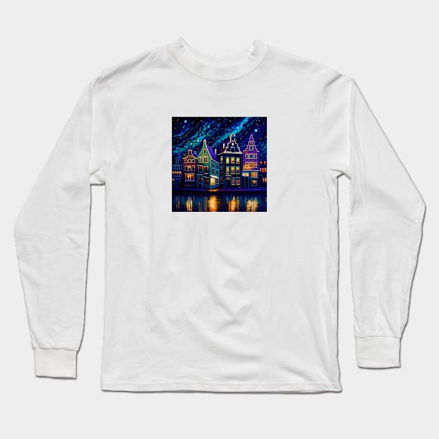 City blocks with lights on by the river side. Long Sleeve T-Shirt by Artisticwalls